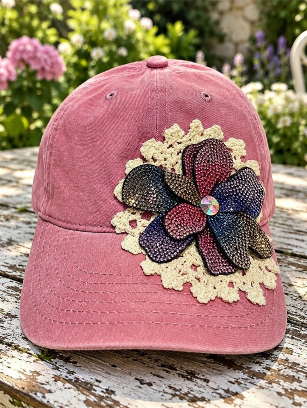 🧢29 Handmade Pink Rhinestone Flower Baseball - Picture 2 of 5